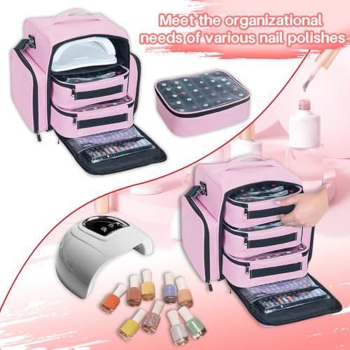 Nail Polish Organizer Storage Box, Holds 90 Bottles of Nail Polish, Portable Travel Case with 3 Separate Storage Bags, Can Be Used for Nail Art Supplies, Manicurists, etc Pink