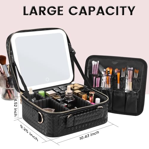 DESCHEN Travel Makeup Bag with Led Mirror, Makeup Organizer Cosmetic Train Case, PU Leather Makeup Case with 3 Light Modes & Dimmable Touch Control, Portable Make Up Box Water-Resistant (Black)