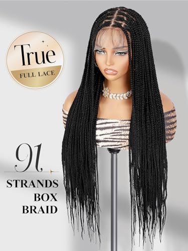 Full Lace Box Braided Wig for Women - 34 Inch Knotless Square Part with Baby Hair - Black / 34