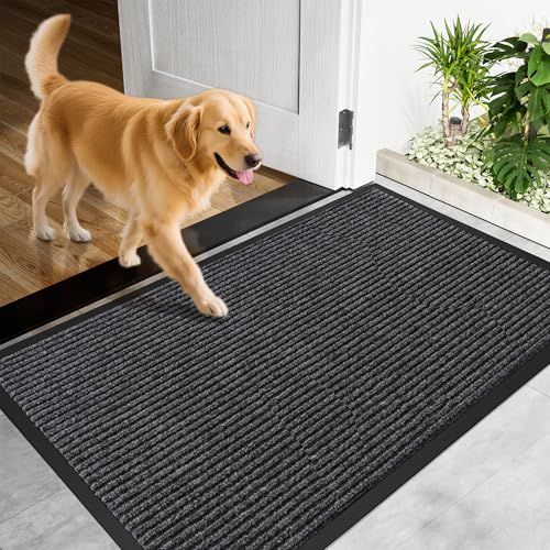 3' x 6' Heavy Duty Indoor Outdoor Front Door Mat - Gray Stripe