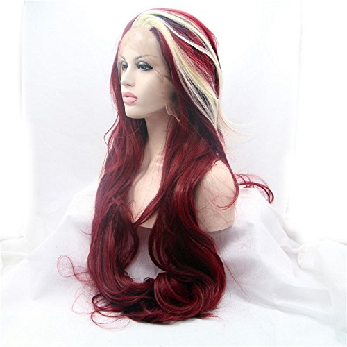 Multicolored Blonde and Wine Red Synthetic Lace Front Wig - Long Body Wave, Heat Resistant, Glueless, Halloween Cosplay