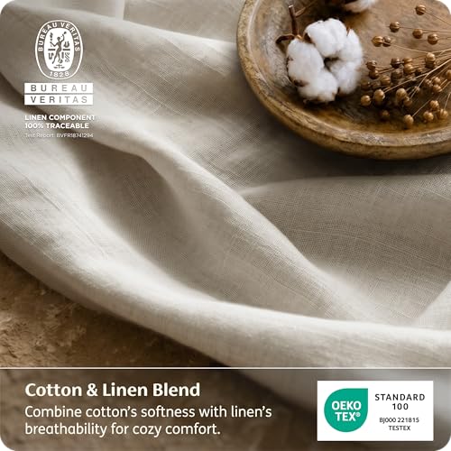 Queen Linen Beige Bed Sheets Set - Breathable Cotton-Linen Blend, 4 Pieces