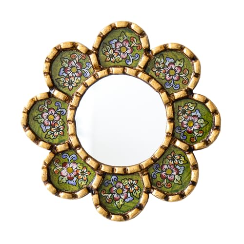 Small Green Mirror 6in for Wall Decor | Peruvian Hand Painted Glass Mirror with Gold Leaf Finish | Handmade Round Mirror for houswarming