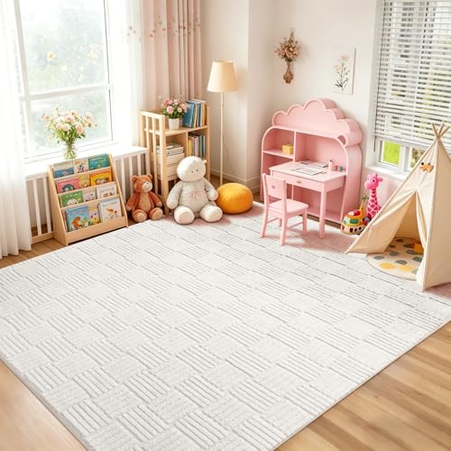 White Washable Shag Area Rug 6x9 Modern Geometric Non-Slip Bedroom Carpet
