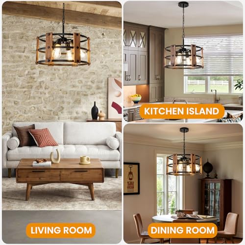 Brown Wood Farmhouse Chandelier - 15-Inch Rustic Wooden Pendant Light Fixture for Dining & Entryway