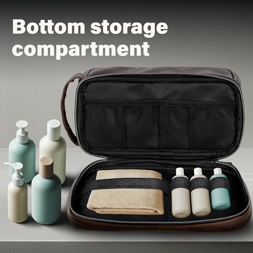 Emissary Leather Travel Toiletry Bag for Men - Brown Waterproof Dopp Kit