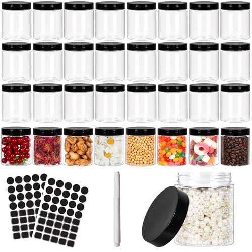 8 oz Plastic Round Jars with Black Lids - 40 Pack, Clear Storage Containers