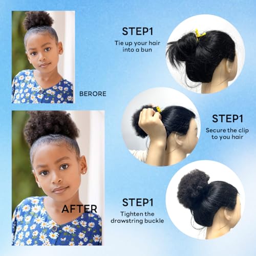 TANJET 6in Natural Black Afro Puff Ponytail for Black Women - Human Hair Drawstring Clip-in