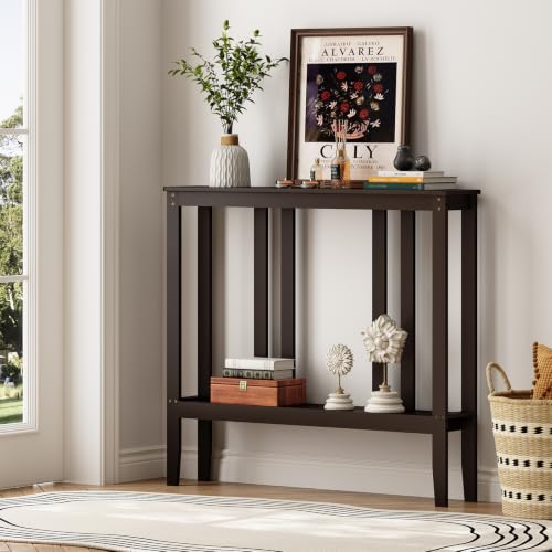 Brown Bamboo 2-Tier Narrow Console Table - Space-Saving Hallway Storage