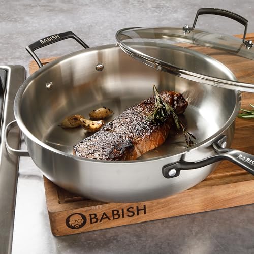 Babish 5-Qt Tri-Ply Stainless Steel Sauté Pan with Lid - Black PVD Handles, Oven & Induction Safe