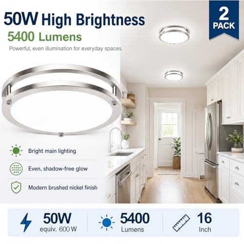 Weddeg 2-Pack 16-Inch Dimmable LED Flush Mount Ceiling Light, 50W 5400 Lumen, 2700K-6500K, Brushed Nickel