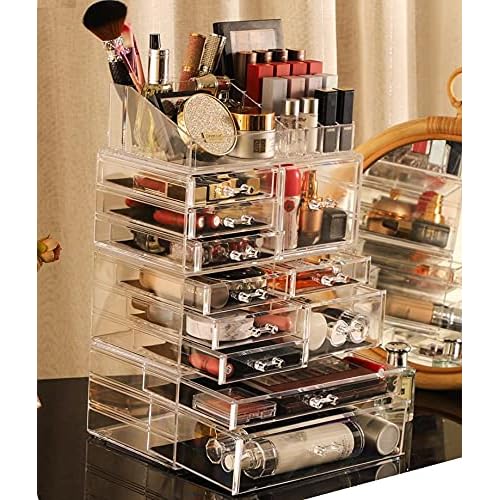 Cq acrylic Clear Makeup Storage Organizer Drawers Skin Care Large Cosmetic Display Cases Stackable Storage Box With 11 Drawers For Dresser 1 Pack