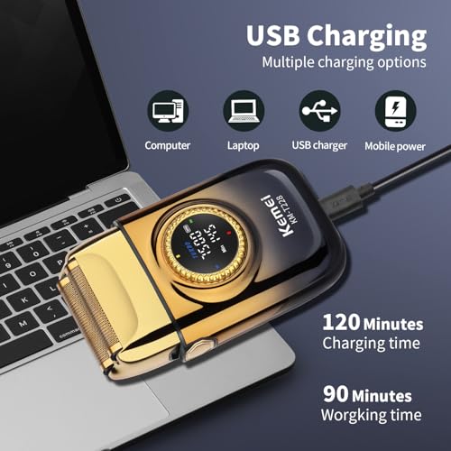 KEMEI KM-T228 Foil Shaver, Electric Razor for Men with Round Large LED Display (Motor Speed & Remaining Time), 3-Speed (6500/7000/7500 RPM), USB-C Charging, Dual Foil & Blade Heads, Travel Razor Men