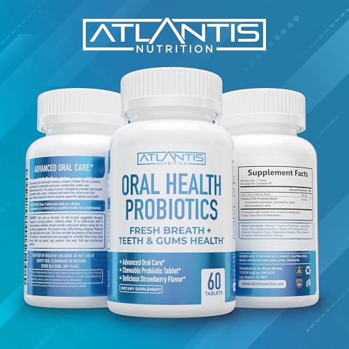 Atlantis Nutrition Oral Probiotics Chewable Tablet - Dental Probiotic for Gum Care & Teeth Care - Bad Breath Treatment for Adults - 3 Billion CFU Probiotic Blend - Strawberry Flavor - 60 Tablets