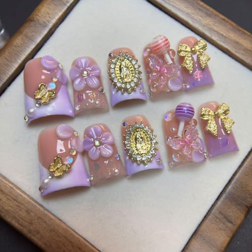 RIICFDD Handmade Duck-Shape Press On Nails - Medium Purple French Bow Variation of M