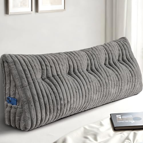 Queen Size Gray Triangular Wedge Pillow with Side Pockets - Support & Reading Cushion