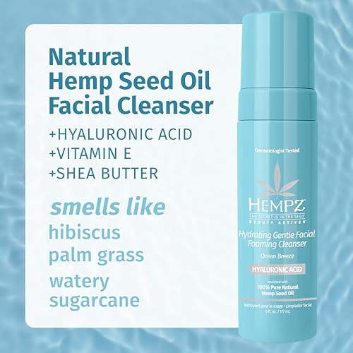 Hempz Ocean Breeze Hydrating Gentle Facial Foaming Cleanser with Hyaluronic Acid - Refreshingly Scented Moisturizing Foam Face Wash for Extremely Dry, Oily, or Sensitive Skin, for Women or Men, 6 Oz