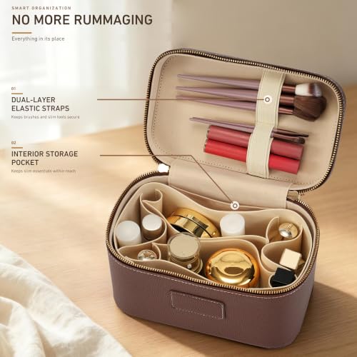 Brown Coffee Leather Makeup Bag Travel Toiletry Organizer with Removable Waterproof Divider