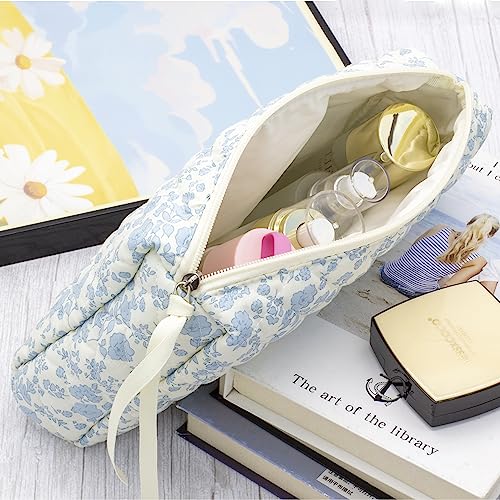 Flower Blue 3-Piece Quilted Makeup Bag Set for Women - Cosmetic & Toiletry Organizer
