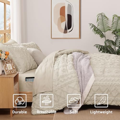 Queen Size Boho Tufted Comforter Set - Beige, 7 Pieces, Bed in a Bag