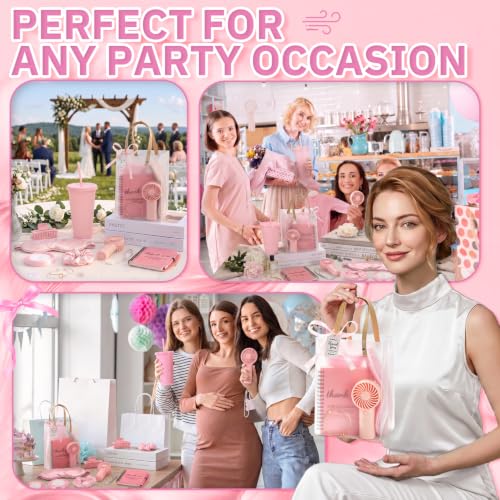Baby Shower Party Favor Set with Handheld Fans Tumbler Notebooks & Gifts - Pink 6 Sets