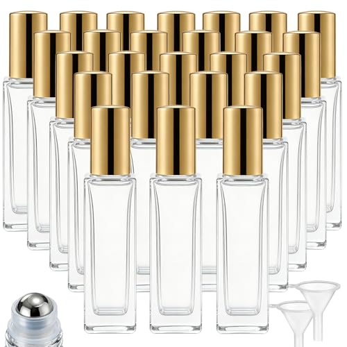 Gold 25 Pcs 10ml Square Glass Essential Oil Roller Bottles with Stainless Steel Balls