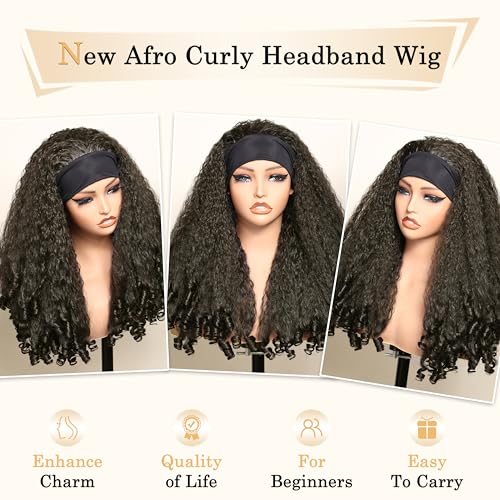Afro Curly Headband Wig - 20 Inch Synthetic Kinky Curls for Black Women (Dark Brown Variation)