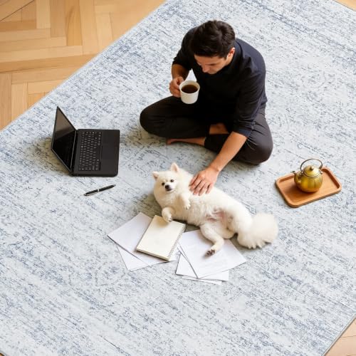 Blue Washable Area Rug 8x10 ft Non-Slip TPE Backing for Living Room