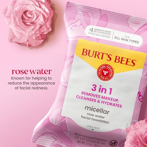 Burt¡¯s Bees Micellar Rose Water Facial Towelettes, 100% Plant Based Cloth; 99% Natural Origin; Remove Makeup, Cleanse, Hydrate; No Oily Residue; All Skin Types; 30 Ct, Pack of 3 (Pack May Vary)