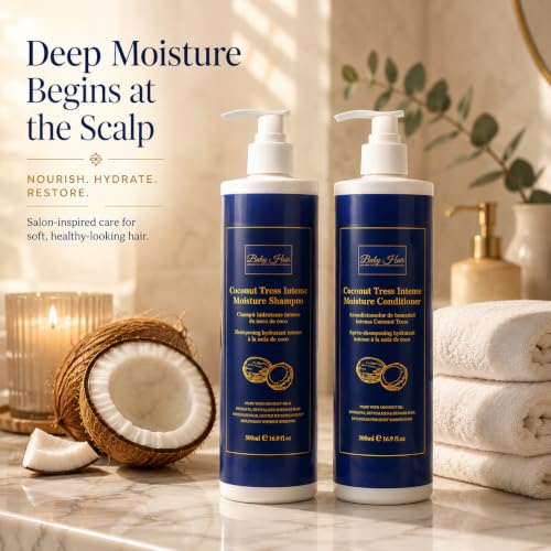 Baby Hair Coconut Tress™ Intense Moisture Shampoo & Conditioner Set - Deep Hydrating Hair Care Duo with Coconut Milk, Macadamia & Camellia Oils - 16.9 oz Each - For Soft, Manageable Hair