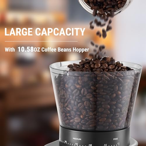 Electric Coffee Grinder with 30 Settings - Shiny Silver & Black, Adjustable Burr Mill for Home Use