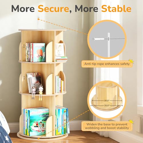 BIERUM 3-Tier 360° Rotating Kids Bookshelf Tower - Space-Saving Child & Adult Storage