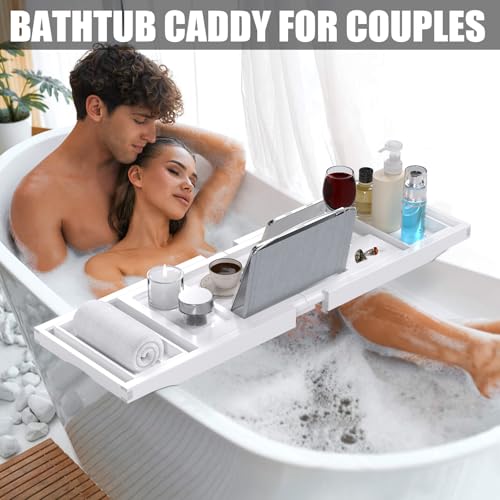 White Expandable Bathtub Tray Caddy for Tub - Adjustable Bath Accessory