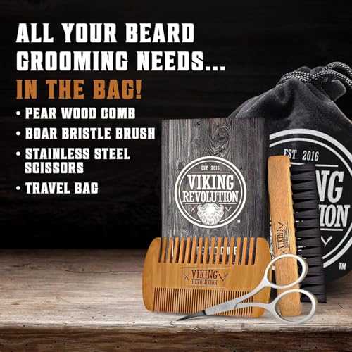Viking Revolution Beard Brush & Wash Set with Peppermint Eucalyptus – Smoothing Grooming Kit with Comb and Conditioner