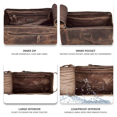 Leather & Latch Distressed Brown Full Grain Leather Toiletry Bag for Men & Women – Water-Resistant Travel Organizer with YKK Zipper
