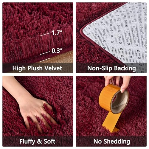 A- Wine Red Plush 6x9 Area Rug - Burgundy Soft Shag Floor Covering