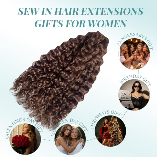 Brown Water Wave Human Hair Weft Extensions 14 Inch Sew In Curly Hair for Women - Dark Brown #4, Remy, 80g - Variation of Brown# / 14 Inch