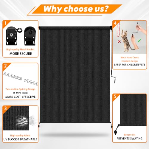 Outdoor Roller Shades for Patio 8' x 6' Black - UV Block & Privacy, Cordless, Quick Install