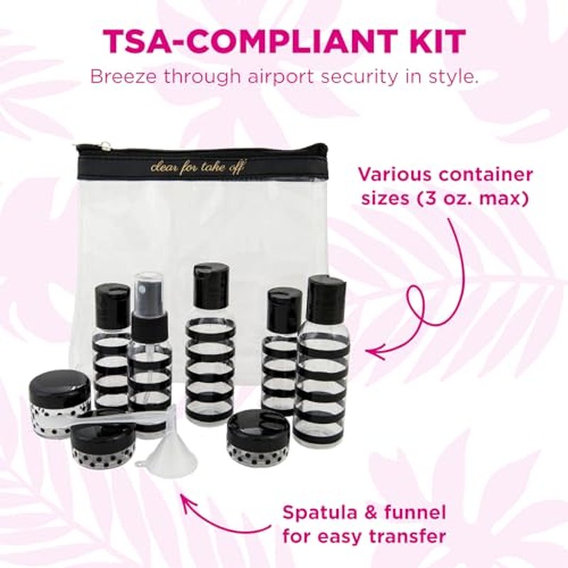 MIAMICA TSA Compliant Travel Bottles and Travel Toiletry Bag ? Includes 12 Pieces ? 7.55" L x 7.4" W x 1.8" D, Clear ? Cute Travel Gifts