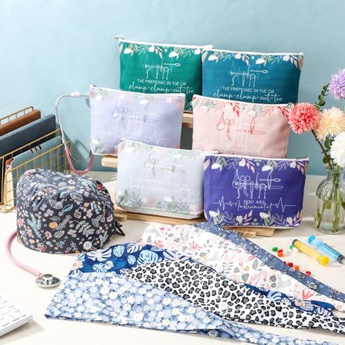12 Pcs Nurse Appreciation Gift Set Adjustable Scrub Caps with Canvas Makeup Bags Christmas Thank You Gift Bulk for Nurse Doctor Staff Medical Surgical Technologist Holiday Party Favors