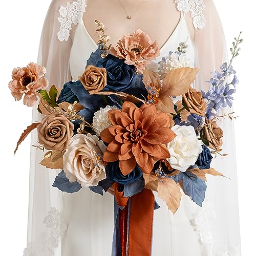 Orange & Navy Blue Bridal Bouquet - Small Freeform Wedding Flowers with Pearls & Crystals