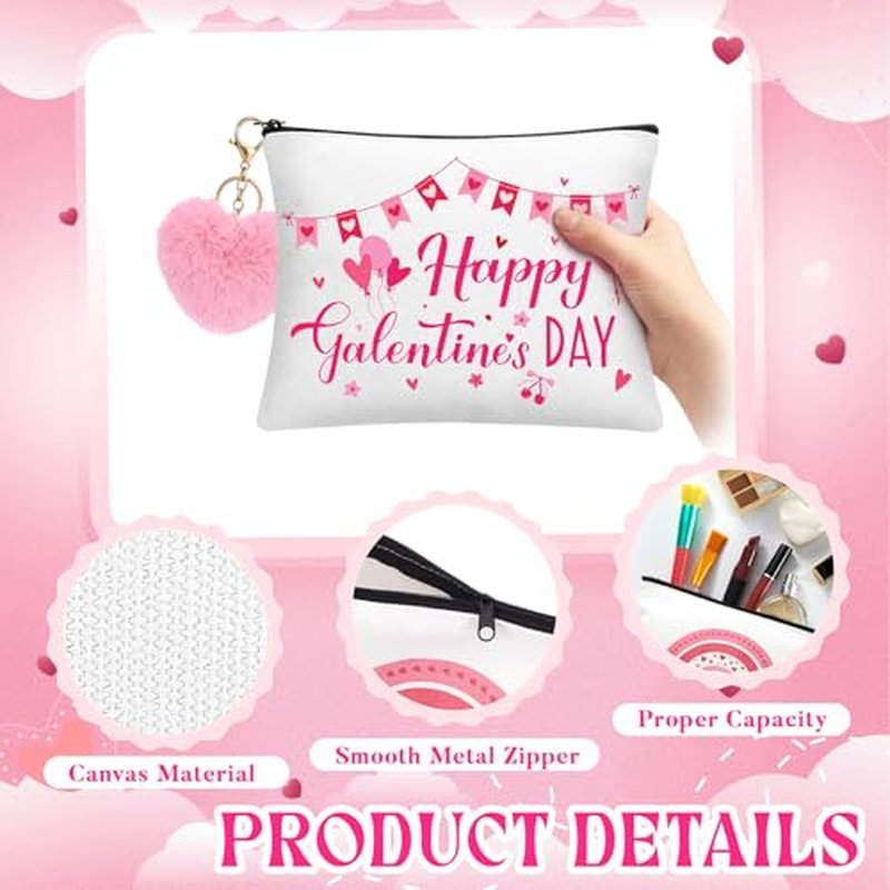 Landical 6 Sets Galentine's Day Makeup Bags Gifts Bulk for Woman Valentine's Day Canvas Bags with Zipper Pink Plush Heart Keychains Galentines Party Favors Supplies for Friends Besties Ladies