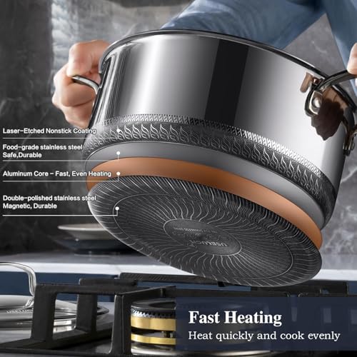 Hybrid Nonstick Pot Set with 1.5 Qt & 2 Qt Saucepan, 5 Qt Stock Pot with Lid - Silver