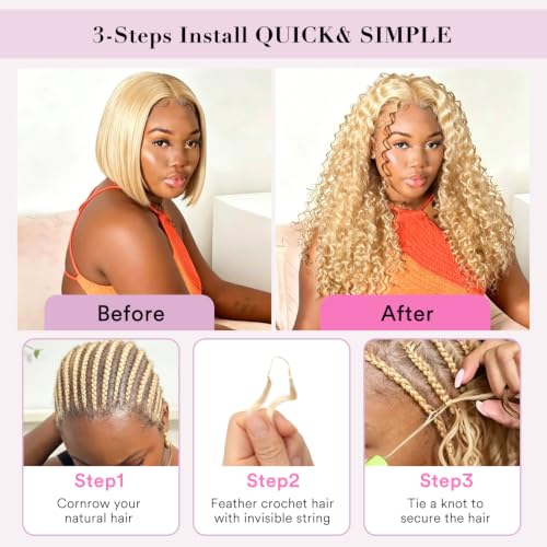 613 Blonde Human Crochet Hair 16 Inch 50 Strands - Burmese Curly, Reusable, Dyeable, Knotless