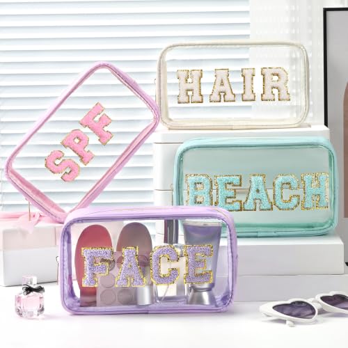 4 Pcs Beach Travel Toiletry Bags with Zipper - Clear Chenille Letter Pouch Set for Women - Purple, Pink, Blue, Apricot
