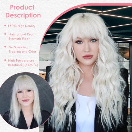 MERISIHAIR Long White Wavy Wig with Bangs 26 Inches Natural Looking Synthetic Heat Resistant Hair Wigs for Women Daily Party Cosplay Wigs