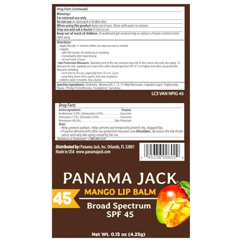 Panama Jack Sunscreen Lip Balm - SPF 45, Flavor Pack, Broad Spectrum UVA-UVB Sunscreen Protection, Prevents & Soothes Dry, Chapped Lips (Mango/Tropical)