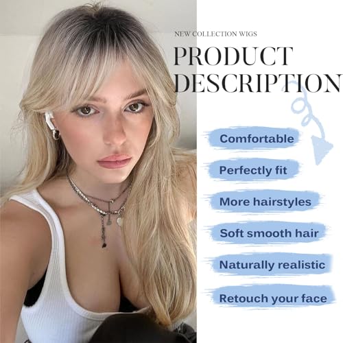 HAIRCUBE Ombre Blonde Shoulder Length Wigs with Bangs for Women - Ash Blonde Layered Synthetic Wig