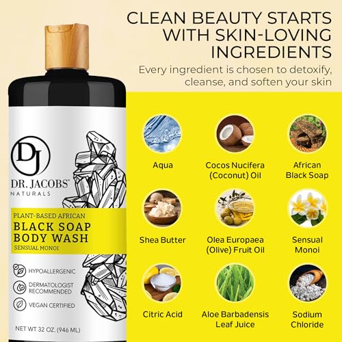 African Black Liquid Soap with Monoi Scent - All-In-One Body Wash, Shampoo & Shaving Soap | 16oz Pack of 2