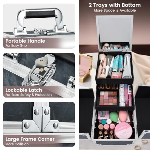 Costravio Makeup Case Train Case Portable Makeup Box with Mirror Lock Box Travel Cosmetic Train Cases Hard Make Up Organizer for Girls Nail Craft Storage Vanity Misty Hills Black
